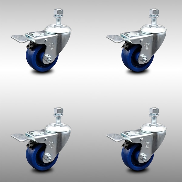 Service Caster 3 Inch SS Solid Polyurethane 12mm Threaded Stem Caster Set Total Lock Brake SCC-SSTSTTL20S314-SPUS-M1215-4 - main